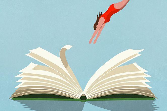 cartoon of a person diving into a book to learn about the science and realities of menopause