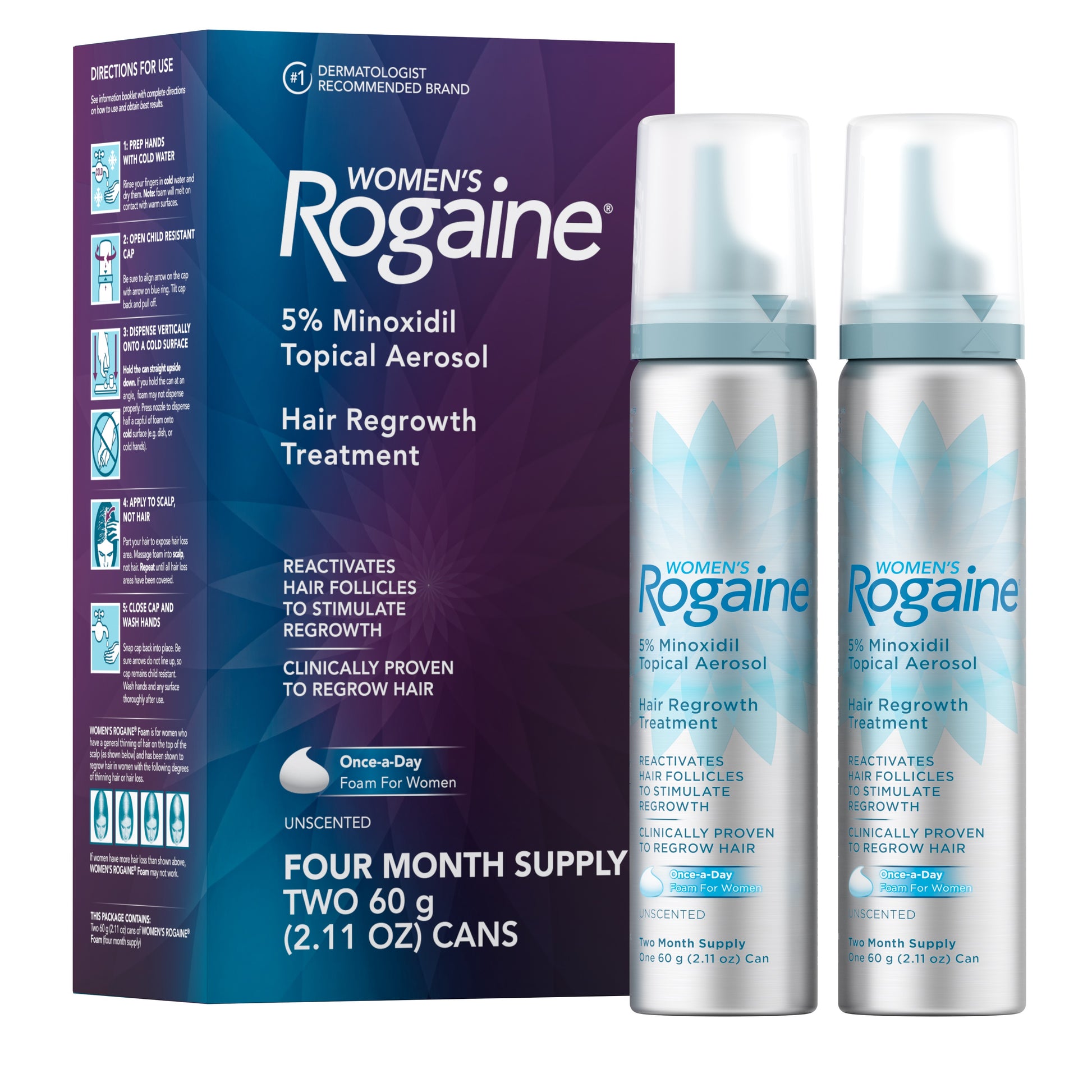 Women's ROGAINE® 5% Minoxidil Unscented Foam, four month supply box and bottles.