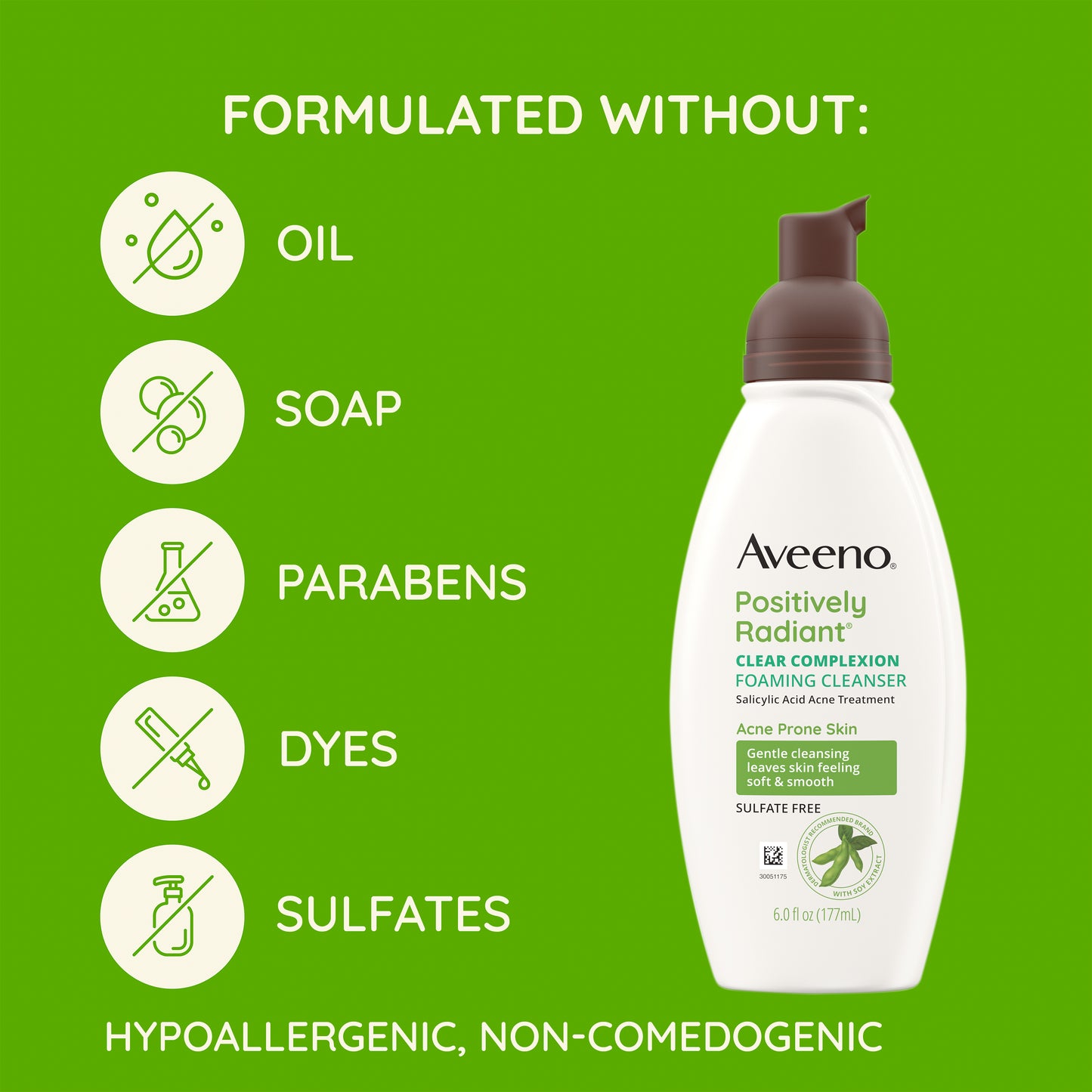 Hypoallergenic daily face wash is non-comedogenic & free of sulfates, oils, soaps, parabens, & dyes.