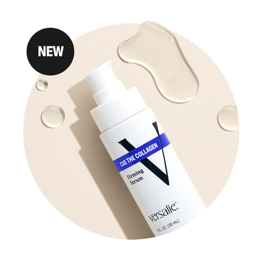 Bottle of CUE THE COLLAGEN™ Face & Neck Firming Serum with collagen from Versalie Skincare