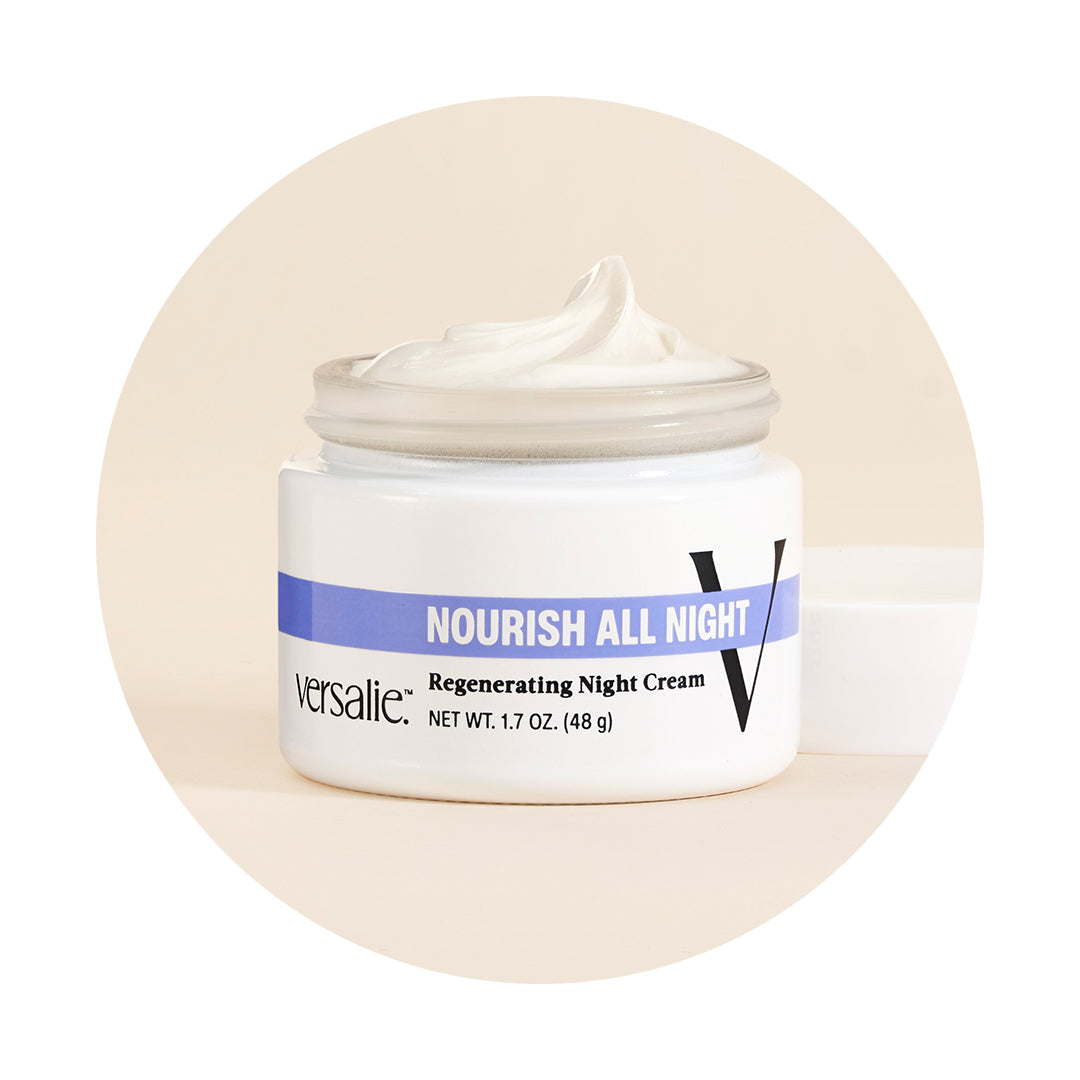 Jar of NOURISH ALL NIGHT™ Regenerating Night Cream with hyaluronic acid & retinol from Versalie™ Skincare