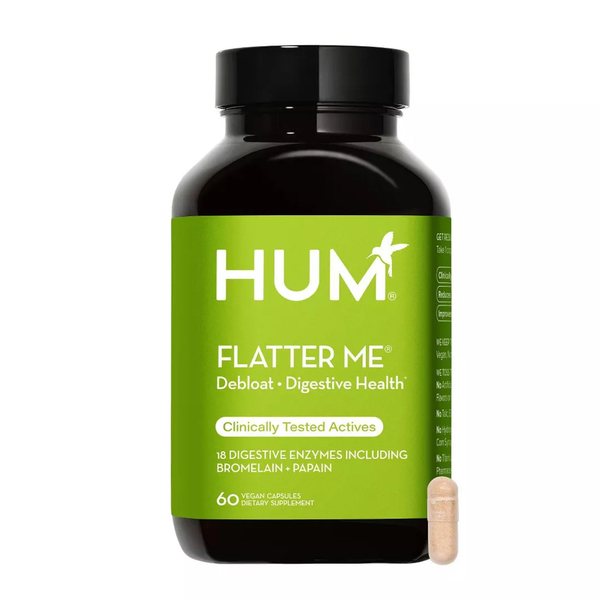 a bottle of HUM NUTRITION Flatter Me capsules, a dietary supplement that supports a flatter stomach, digestion & ease bloating