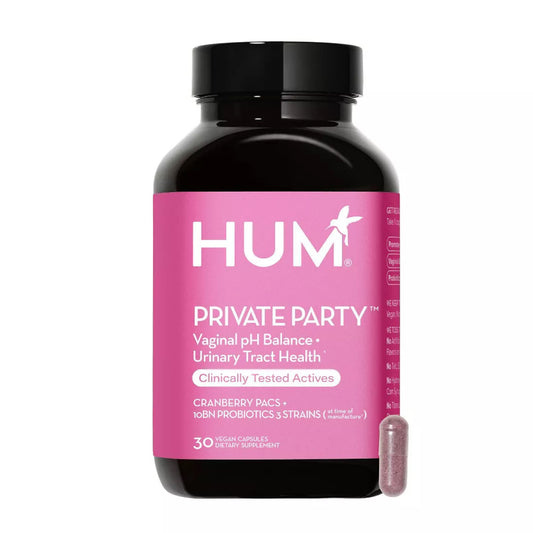 a bottle of HUM NUTRITION Private Party capsules, a dietary supplement that supports vaginal and urinary tract health