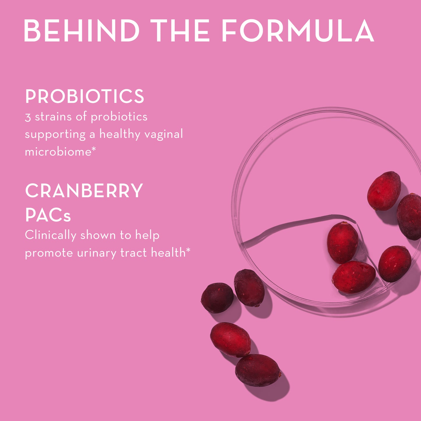 Probiotics and cranberry PACs in HUM NUTRITION Private Party capsules, behind the formula
