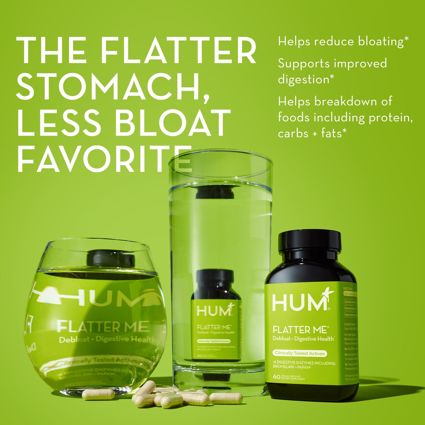 HUM NUTRITION Flatter Me capsule helps reduce bloating, supports improved digestion and helps breakdown of foods including protein, carbs and fats