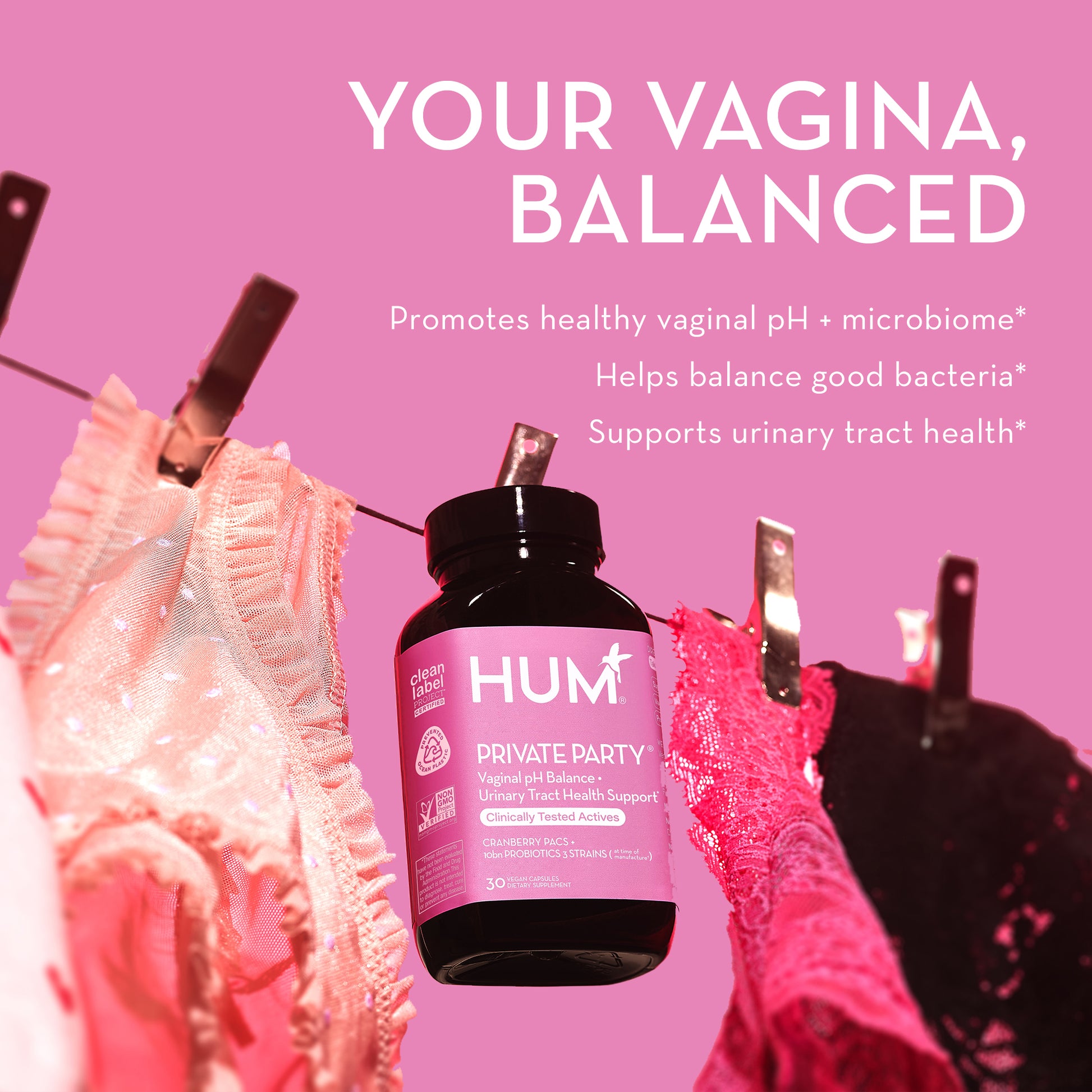 HUM NUTRITION Private Party capsules promotes healthy vaginal pH and microbiome, helps balance good bacteria, and supports urinary tract health