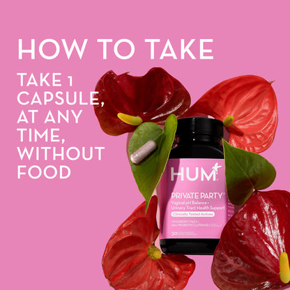 how to take HUM NUTRITION Private Party capsules: take 1 capsule at any time without food