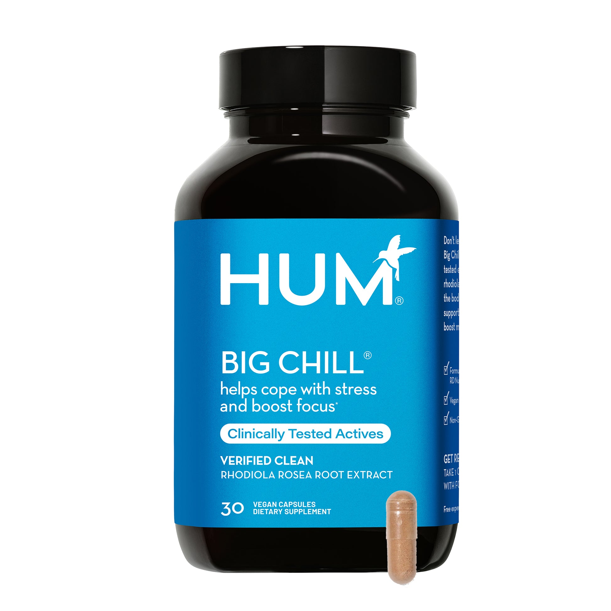 a bottle of HUM NUTRITION Big Chill capsules, a dietary supplement that helps the mind and body cope with stress