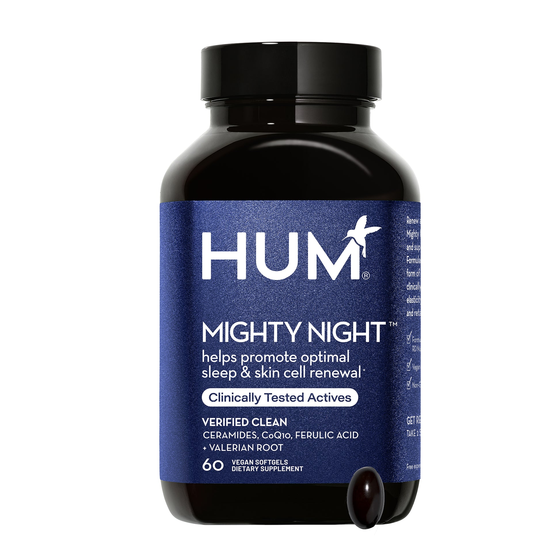 a bottle of HUM NUTRITION Mighty Night softgels, a dietary supplement that promotes optimal sleep and nighttime skin renewal