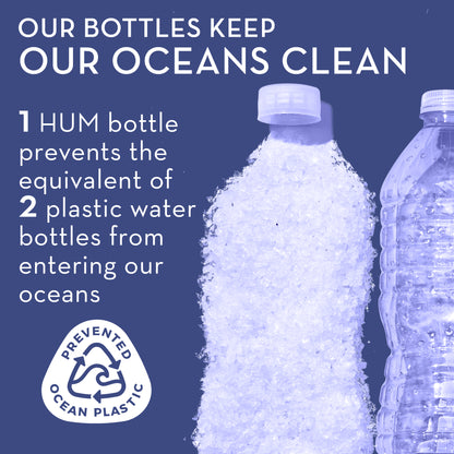 HUM NUTRITION Mighty Night softgels in a new kind of bottle, 100% ocean bound plastic with new labels and adhesive making them fully recyclable as is