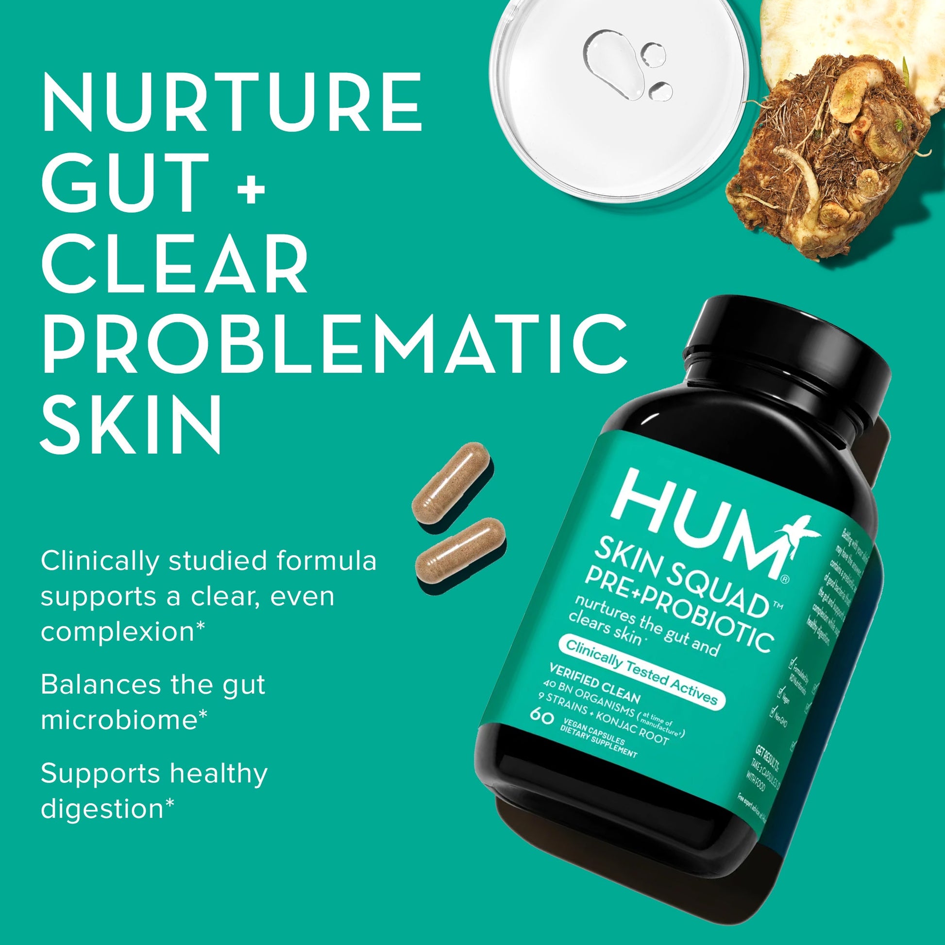 HUM NUTRITION Skin Squad capsules, clinically studied pre+probiotic formula for acne-prone skin