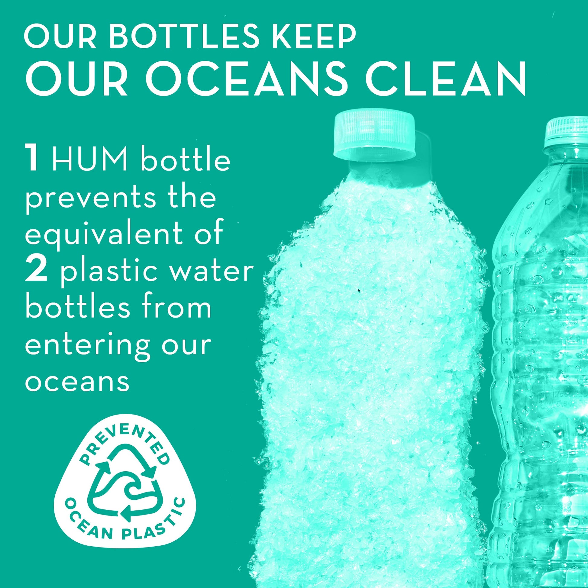 HUM NUTRITION Skin Squad Pre+Probiotic capsules in a new kind of bottle, 100% ocean bound plastic with new labels and adhesive making them fully recyclable as is