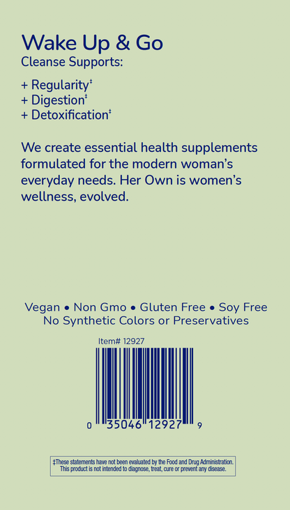 the back of a box of HER OWN Cleanse Supplement Detox & Regulate capsules, vegan, non GMO, gluten free, soy free, and no synthetic colors or preservatives