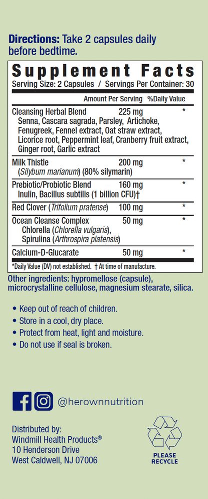 the side of a box of HER OWN Cleanse Supplement Detox & Regulate capsules with its directions and supplement facts label