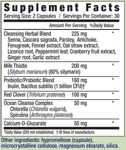 enlarged view of the supplement facts label for HER OWN Cleanse Supplement Detox & Regulate capsules