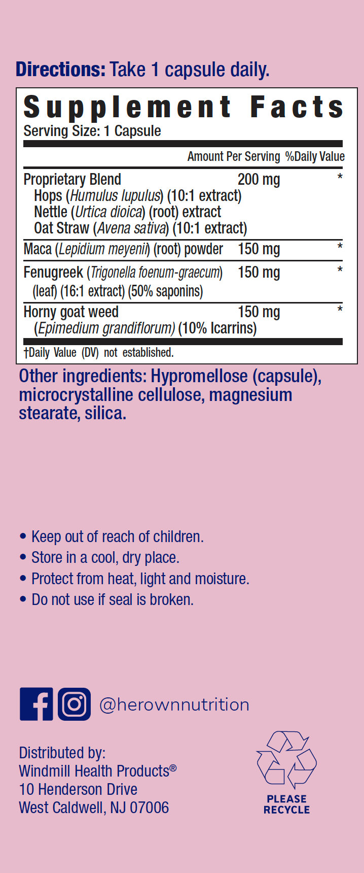 the side of a box of HER OWN Desire Supplement Ignite & Excite capsules with its directions and supplement facts label