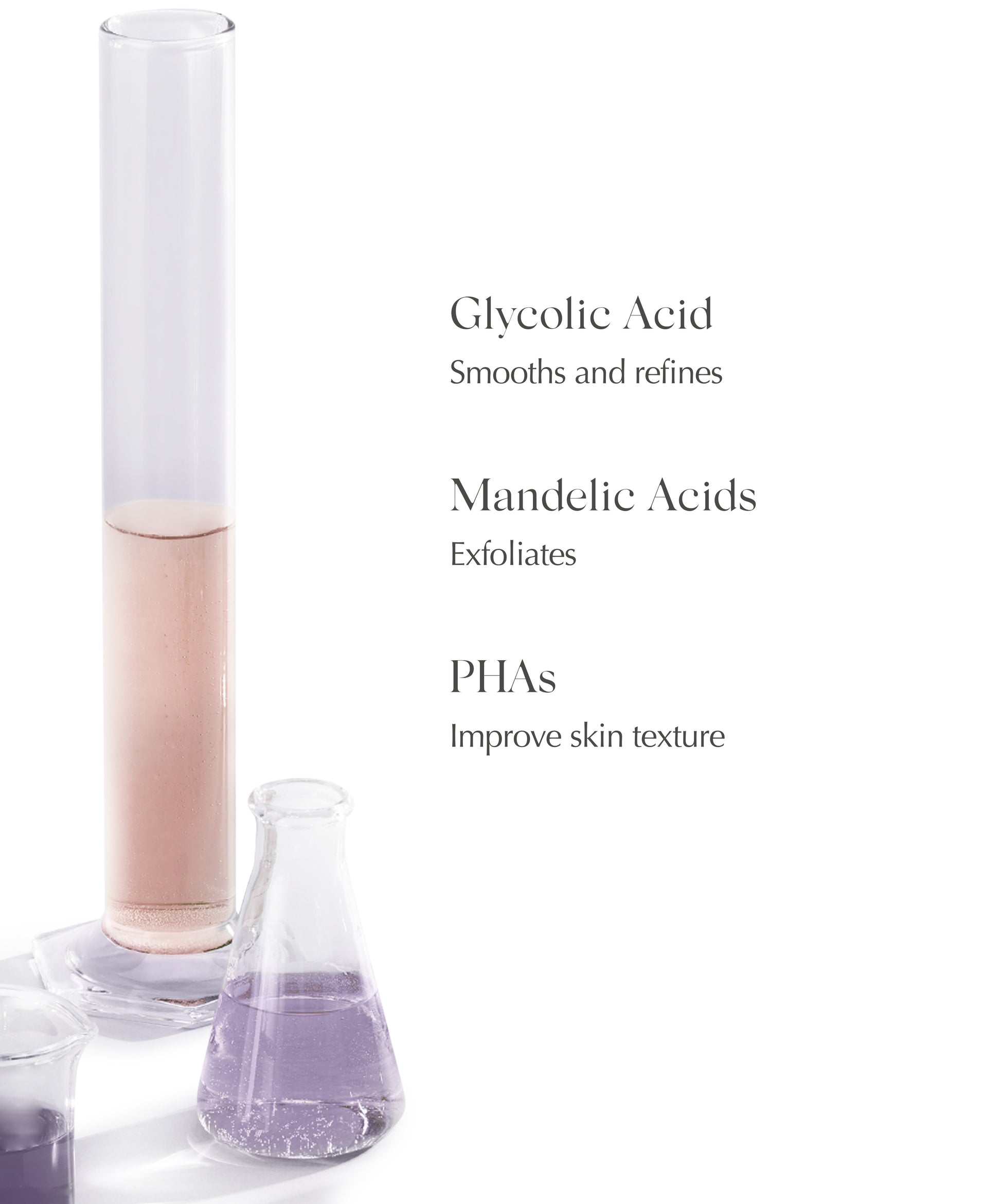 list of ingredients of EXUVIANCE Performance Peel AP25, including Glycolic Acid, Mandelic Acids, and PHAs to improve skin texture