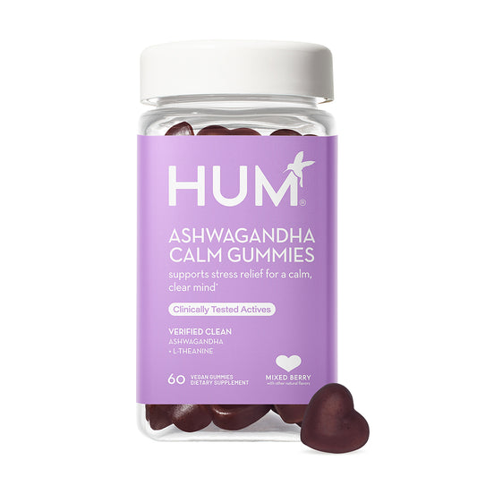 a bottle of HUM NUTRITION Ashwagandha Calm gummies, a dietary supplement that supports stress relief for a calm, clear mind