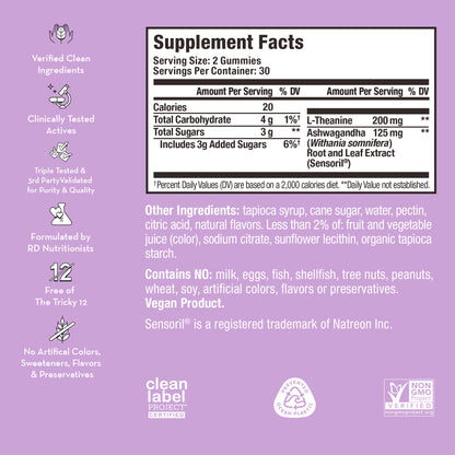 product description and supplement facts label on a bottle of HUM NUTRITION Ashwagandha Calm gummies