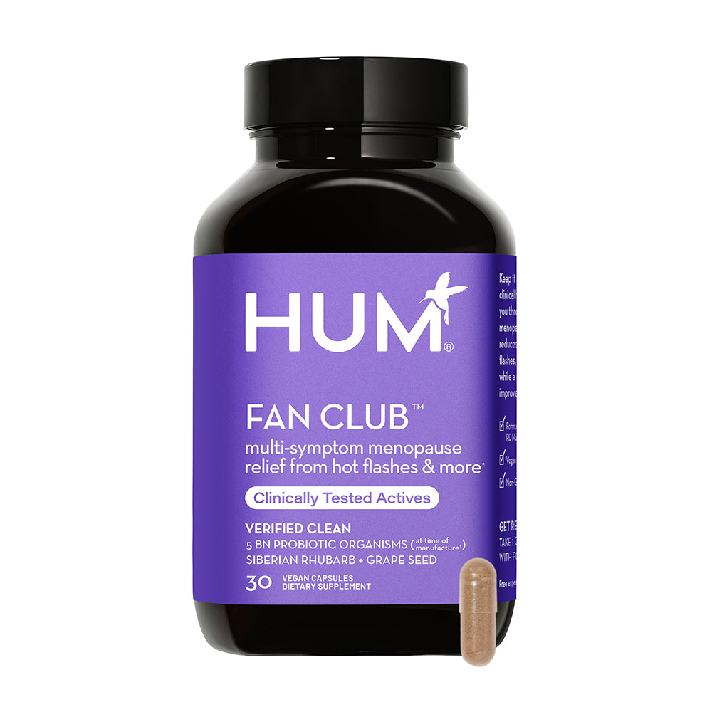 a bottle of HUM NUTRITION Fan Club capsules, a dietary supplement for multi-symptom menopause relief from hot flashes and more