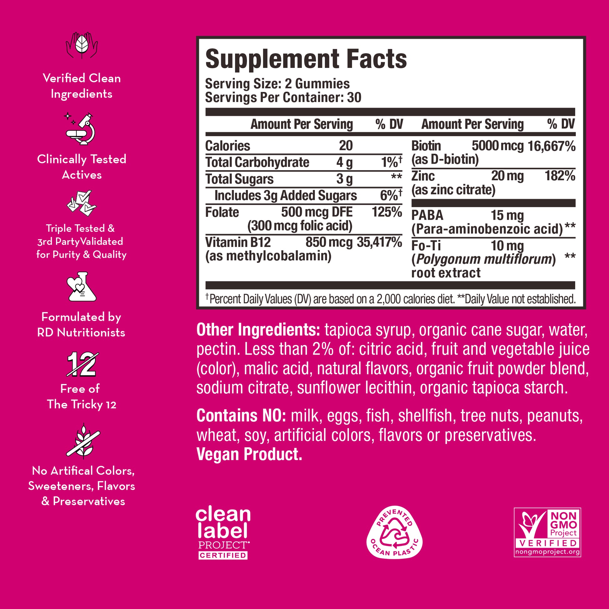 product description and supplement facts label on a bottle of HUM NUTRITION Hair Strong gummies