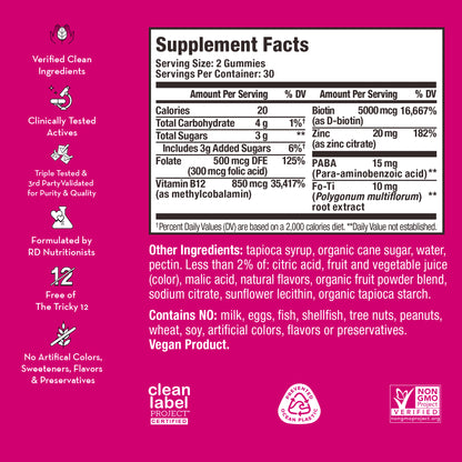 product description and supplement facts label on a bottle of HUM NUTRITION Hair Strong gummies