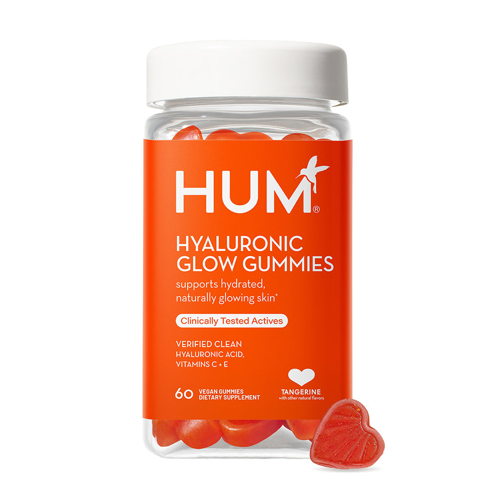 a bottle of HUM NUTRITION Hyaluronic Glow gummies, a dietary supplement that supports hydrated naturally glowing skin