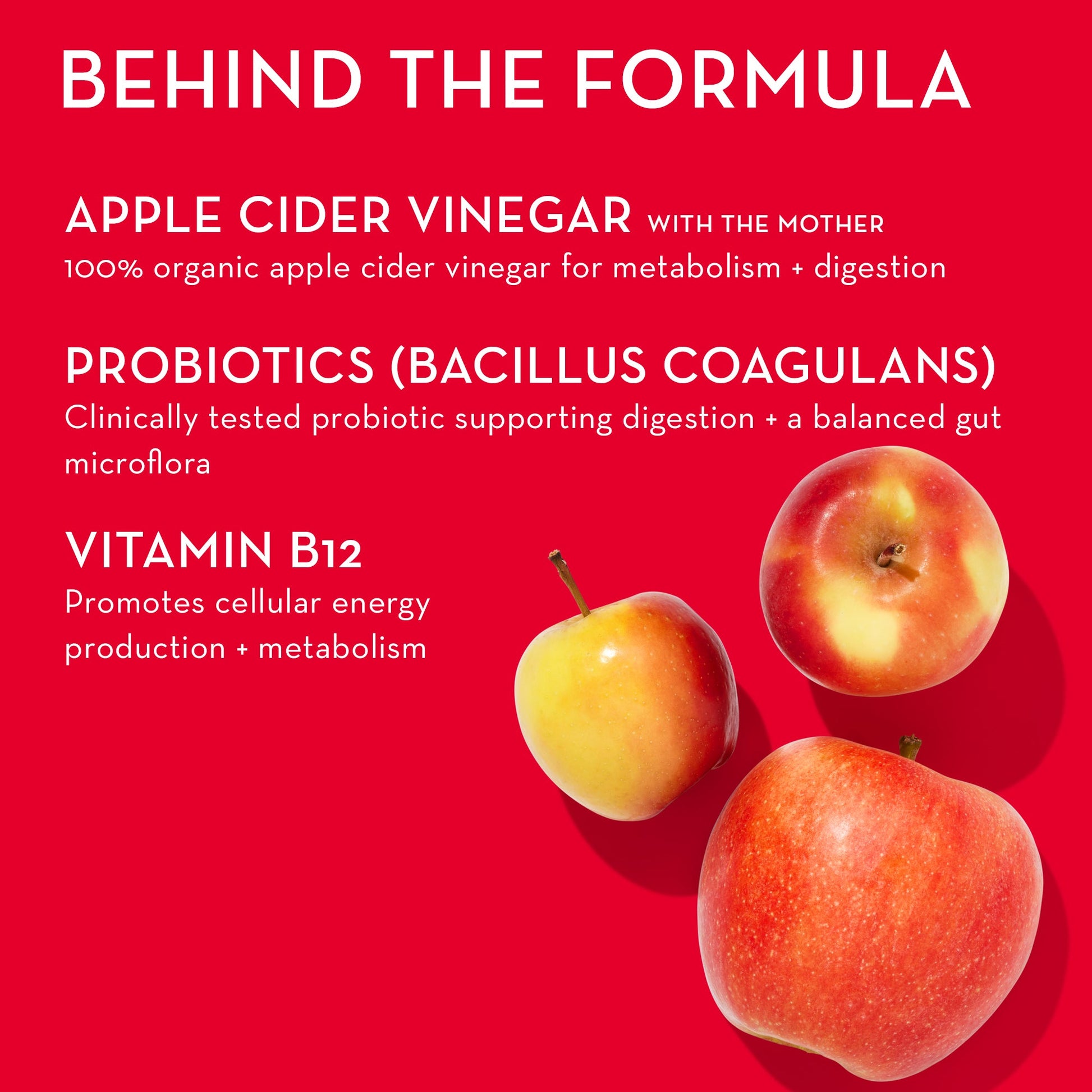 apple cider vinegar, probiotics (bacillus coagulans), vitamin B12 in HUM NUTRITION Pro ACV gummies, behind the formula