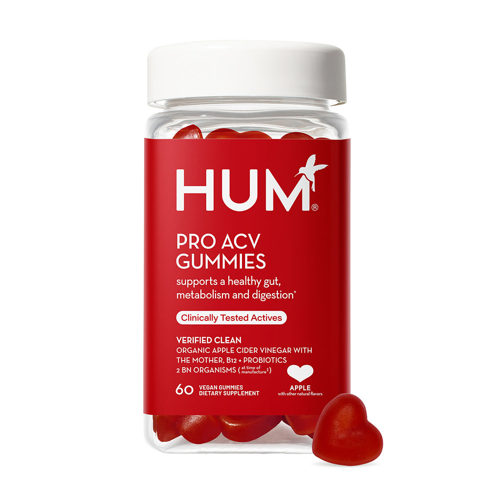 a bottle of HUM NUTRITION Pro ACV (apple cider vinegar) gummies, a dietary supplement that supports a healthy gut, metabolism, and digestion