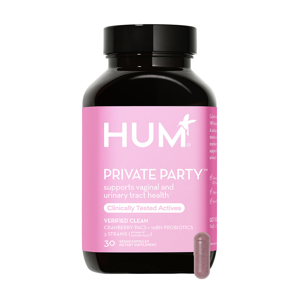 a bottle of HUM NUTRITION Private Party capsules, a dietary supplement that supports vaginal and urinary tract health