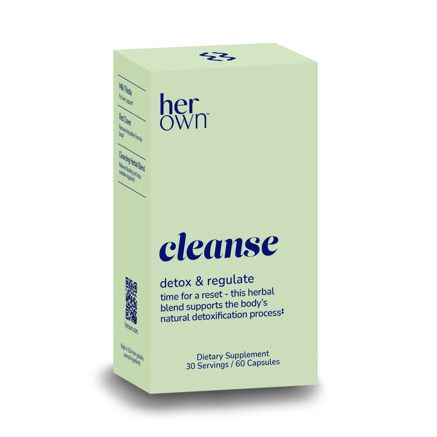 the front of a box of HER OWN Cleanse Supplement Detox & Regulate capsules, herbal blend supports the body's natural detoxification process