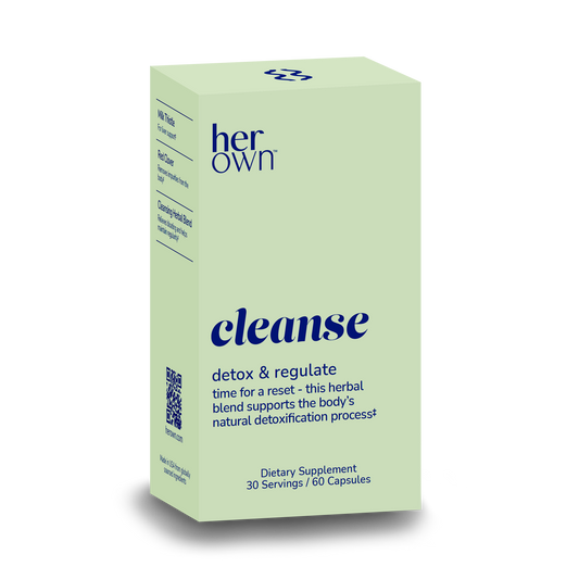 the front of a box of HER OWN Cleanse Supplement Detox & Regulate capsules, herbal blend supports the body's natural detoxification process