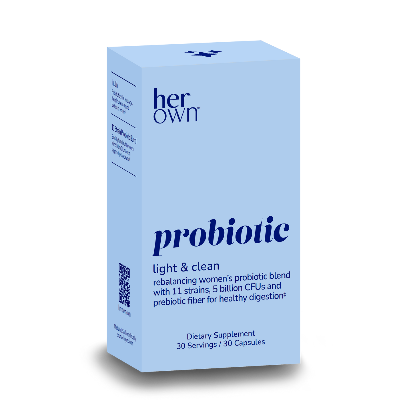 the front of a box of HER OWN Probiotic Supplement Light & Clean capsules, rebalancing women's probiotic blend with 11 strains, 5 billion CFUs and prebiotic fiber for healthy digestion