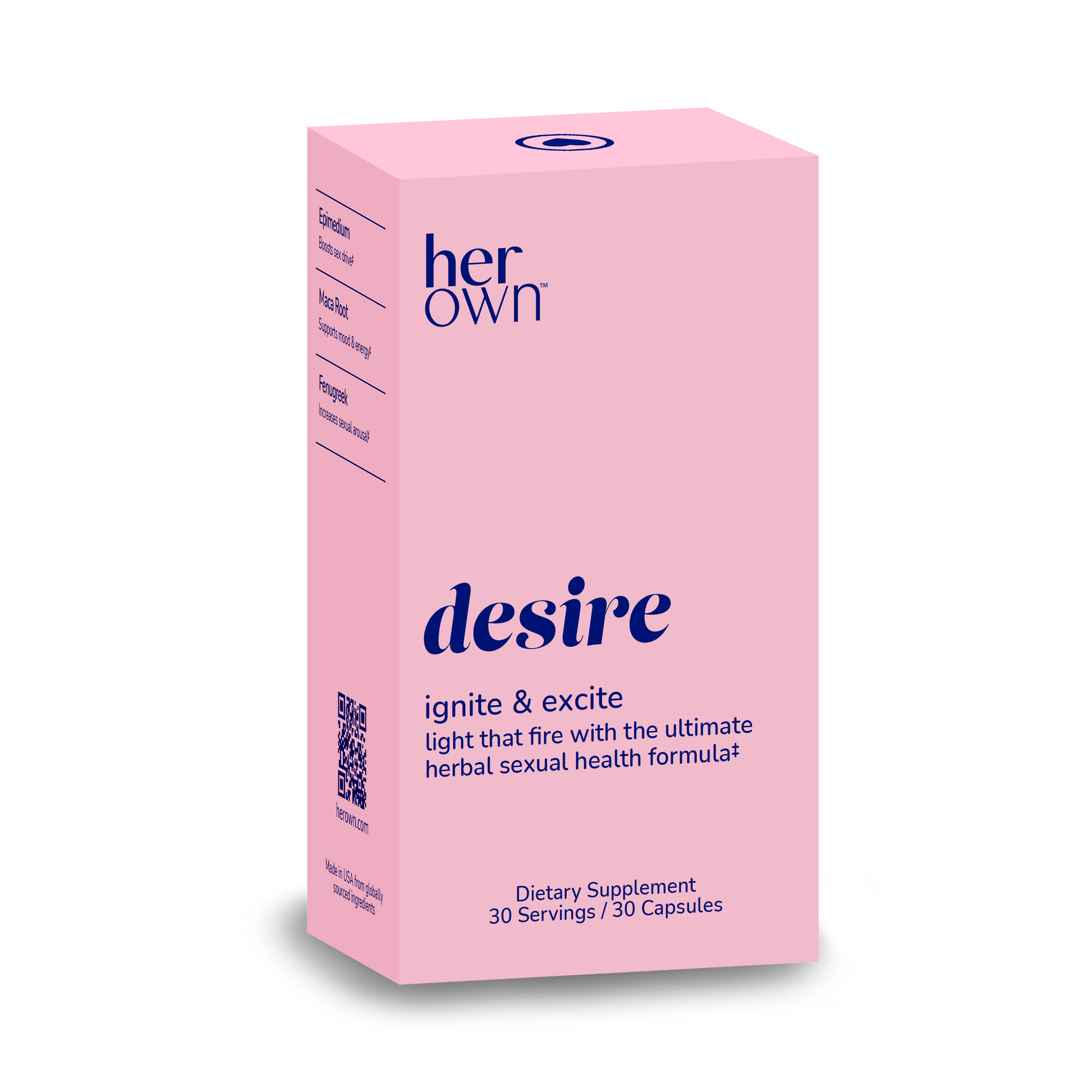 the front of a box of HER OWN Desire Supplement Ignite & Excite capsules, light that fire with the ultimate herbal sexual health formula