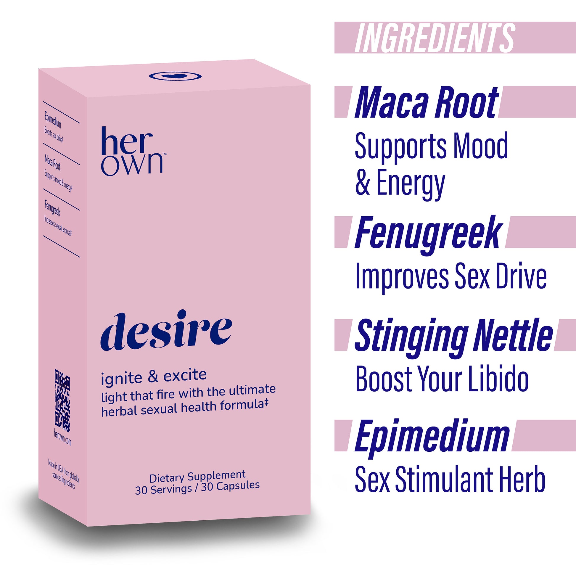 ingredients listed on the side of a box of HER OWN Desire Supplement Ignite & Excite capsules, including maca root, fenugreek, stinging nettle, and epimedium