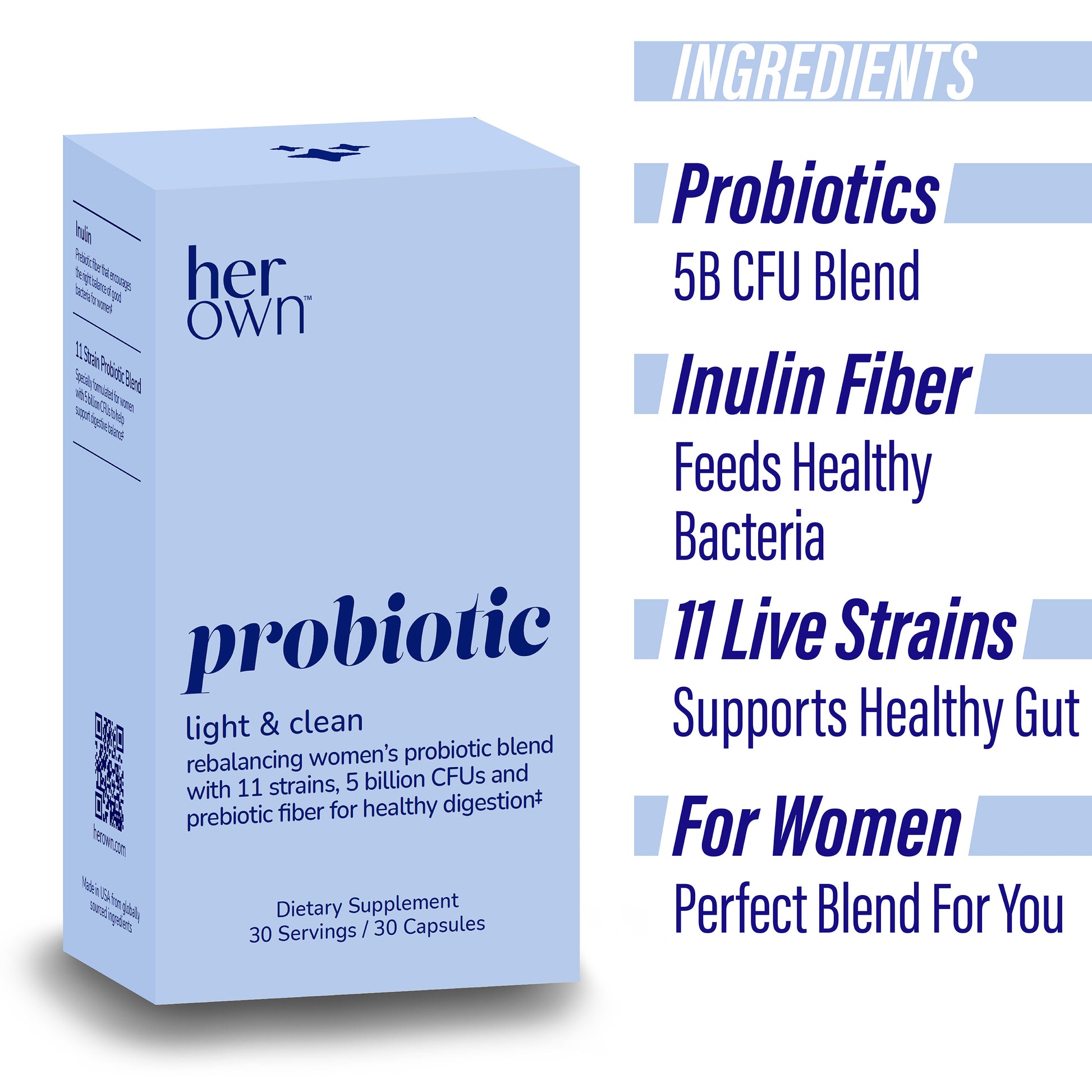 ingredients listed on the side of a box of HER OWN Probiotic Supplement Light & Clean capsules, including probiotics, inulin fiber, and 11 live strains