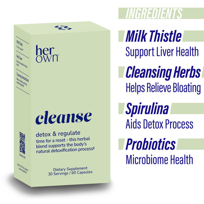 ingredients listed on the side of a box of HER OWN Cleanse Supplement Detox & Regulate capsules, including milk thistle, cleansing herbs, spirulina and probiotics