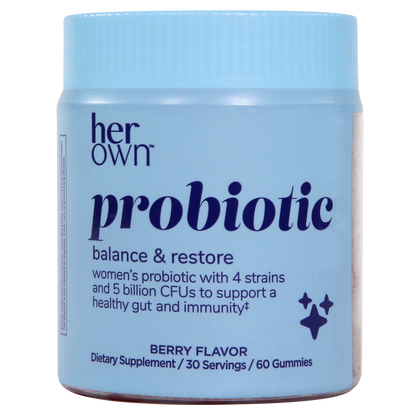 a container of HER OWN Probiotic Balance & Restore gummies, a dietary supplement with 4 strains and 5 billion CFU to support a healthy gut and immunity