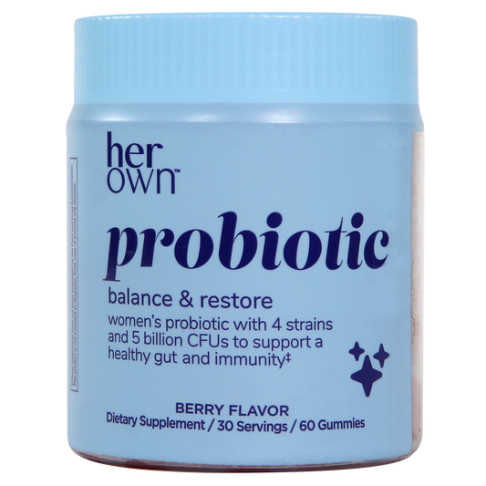 a container of HER OWN Probiotic Balance & Restore gummies, a dietary supplement with 4 strains and 5 billion CFU to support a healthy gut and immunity