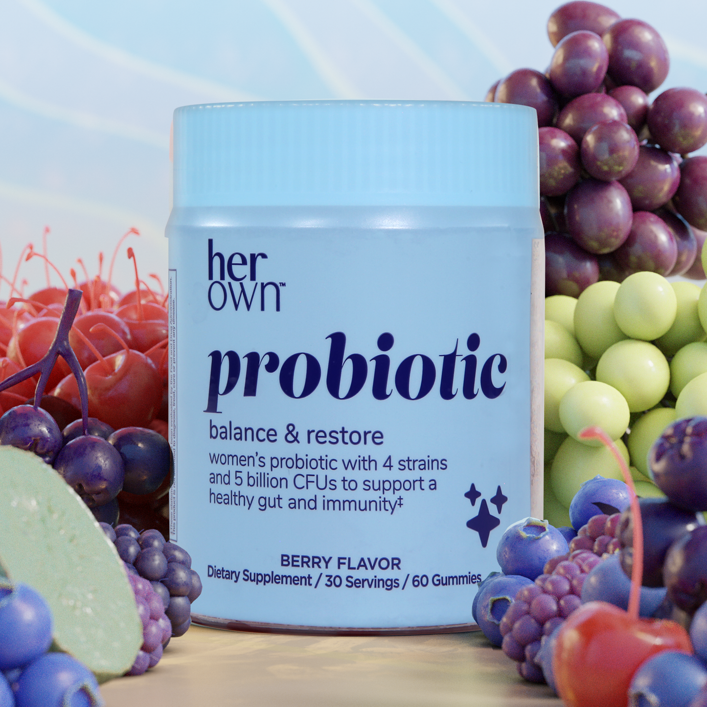 a container of HER OWN Probiotic Balance & Restore berry flavor gummies, surrounded by an assortment of berries