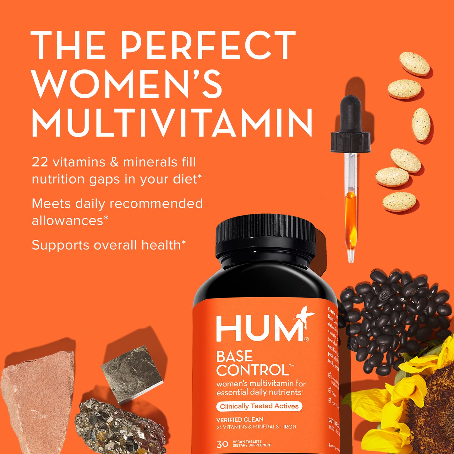 HUM NUTRITION Base Control vegan tablets, the perfect women's multivitamin with 22 vitamins & minerals