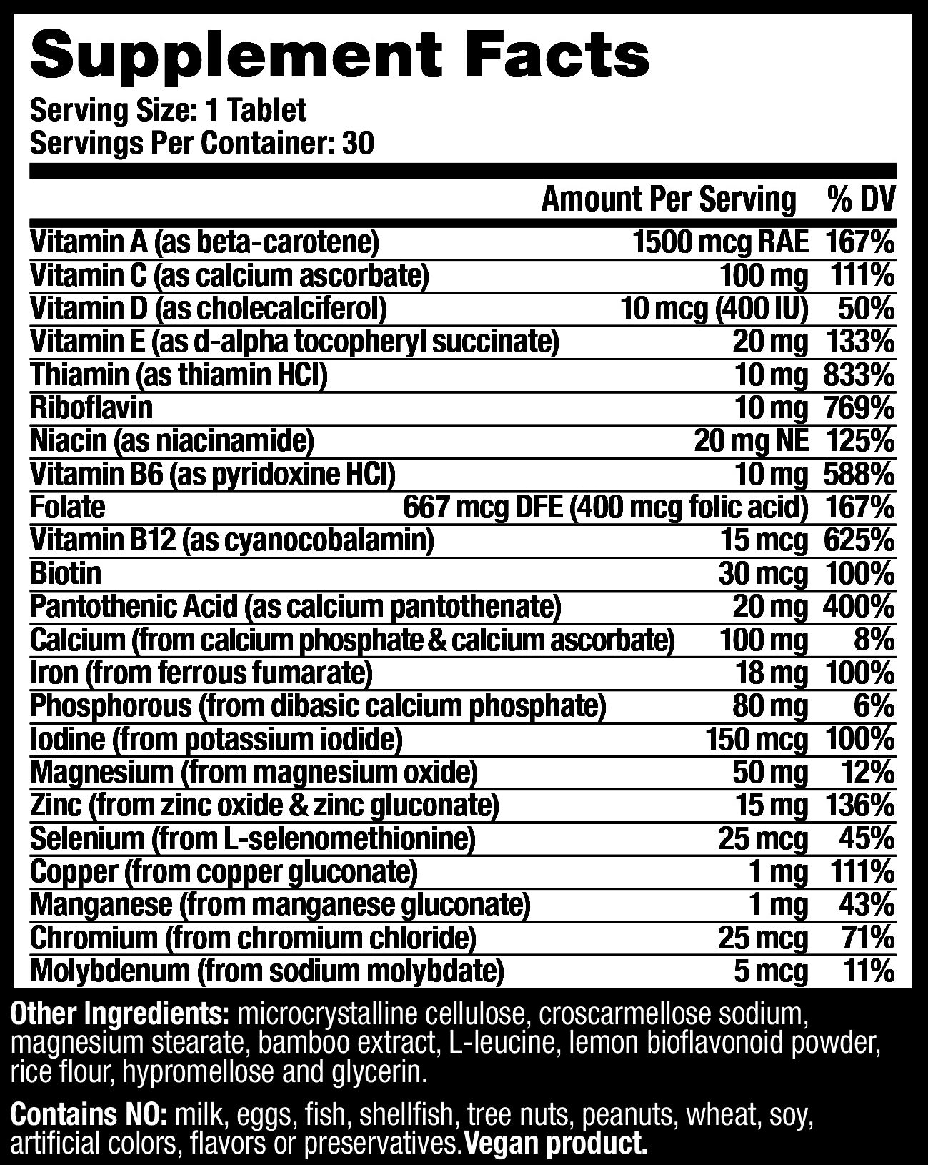 supplement facts label for HUM NUTRITION Base Control vegan tablets