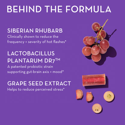 Siberian Rhubarb, Lactobacillus Plantarum DR7, and grape seed extract of HUM NUTRITION Fan Club capsules, behind the formula