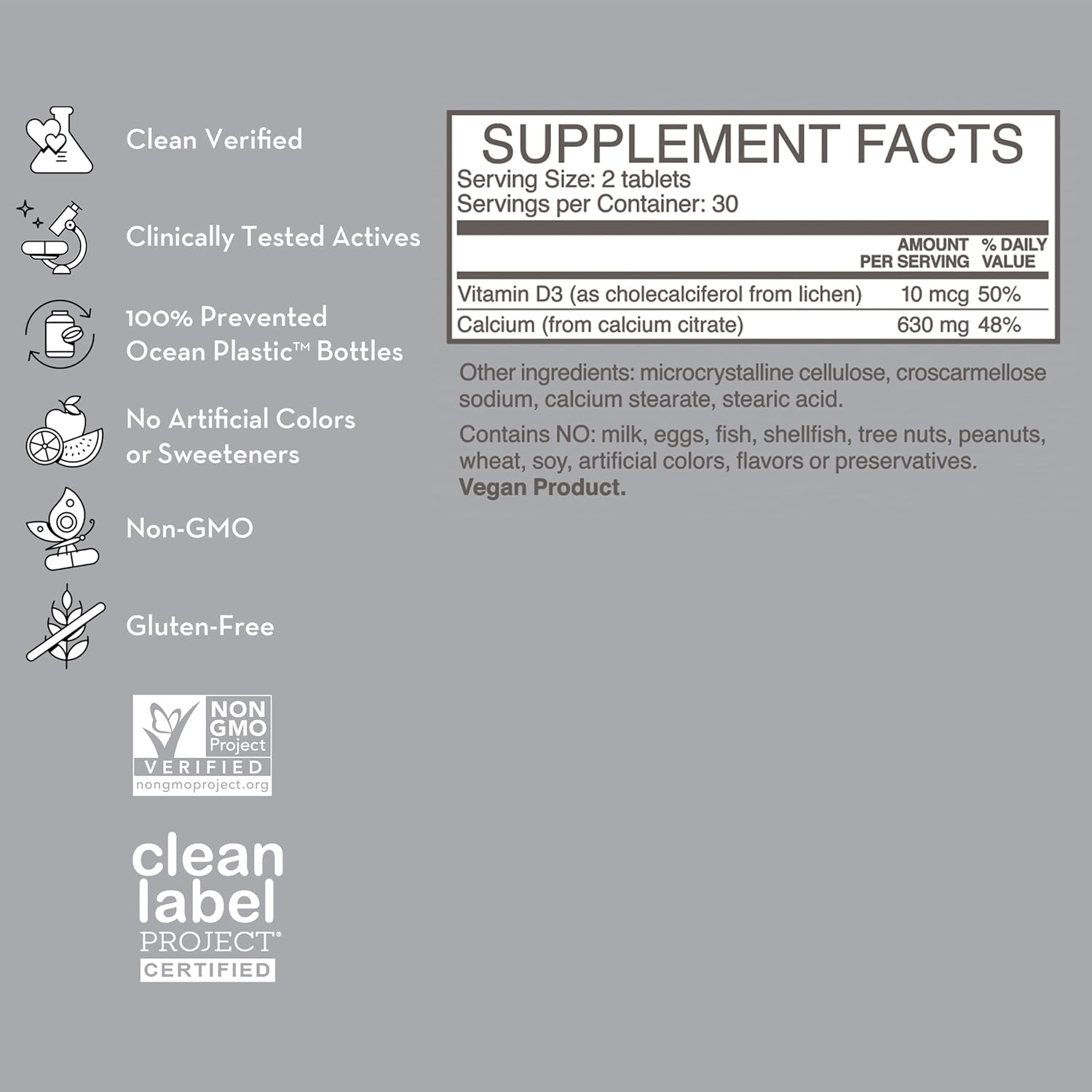 product description and supplement facts label on a bottle of HUM NUTRITION Got Calcium tablets