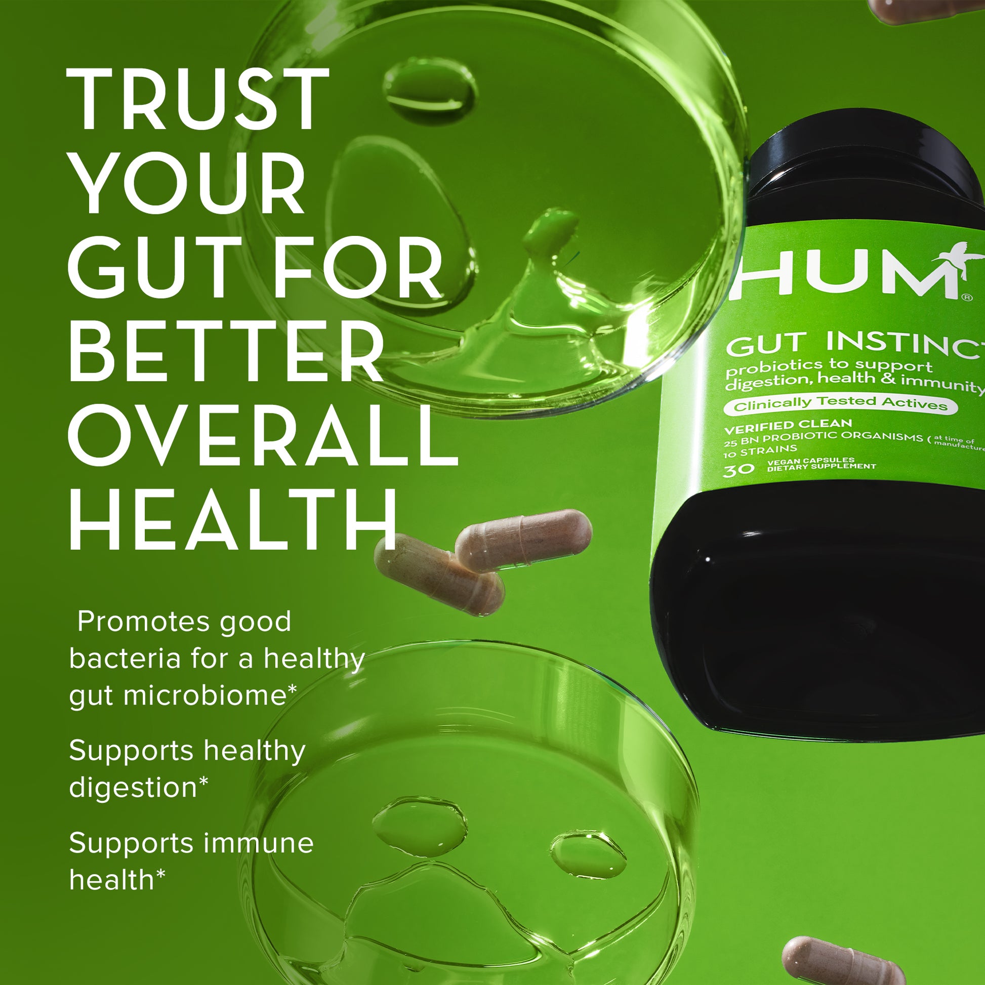 HUM NUTRITION Gut Instinct capsules promotes good bacteria for a healthy gut microbiome, supports healthy digestion, and supports immune health