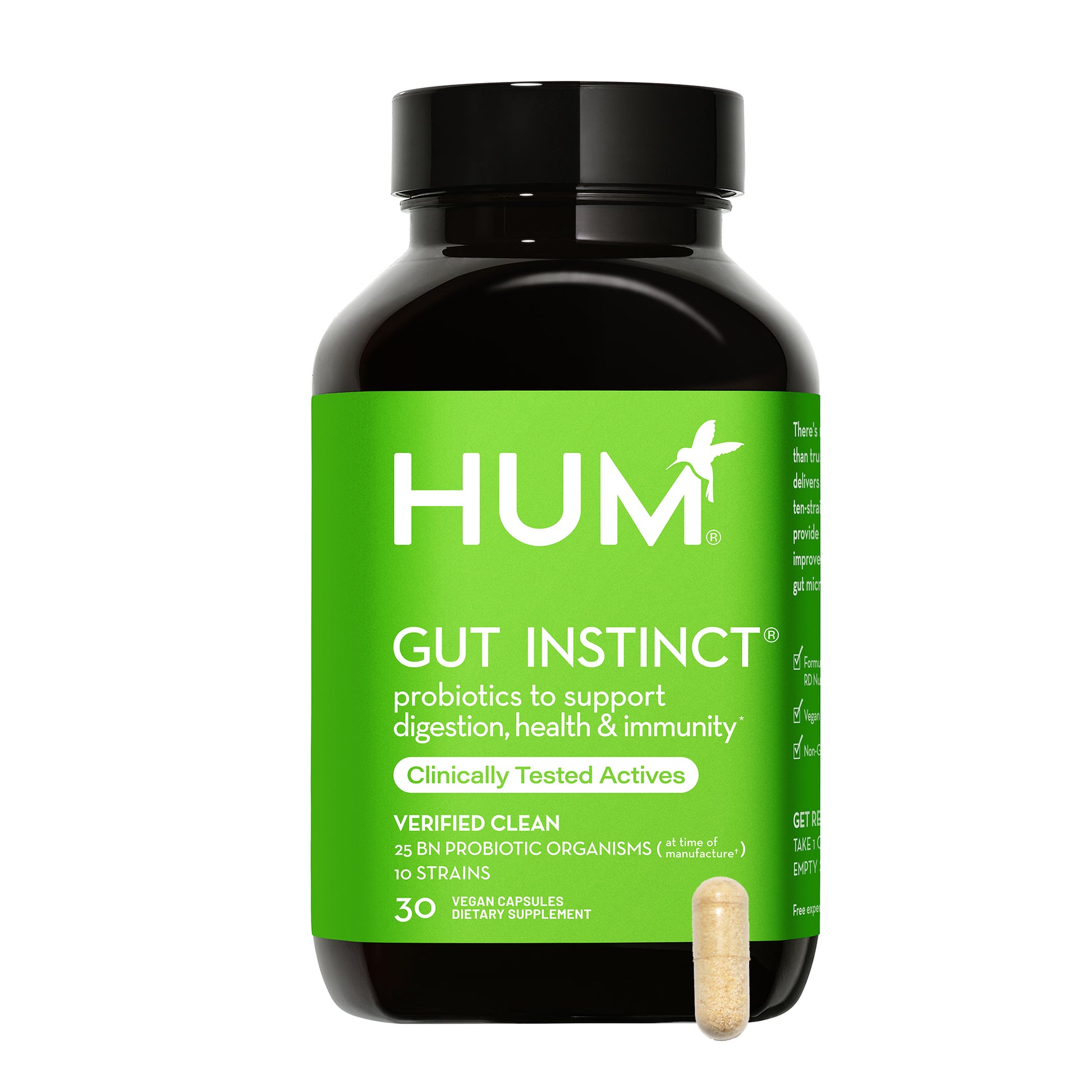 a bottle of HUM NUTRITION Gut Instinct capsules, a dietary supplement for balanced gut health with probiotics to support digestion, health and immunity