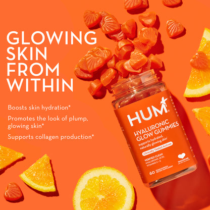 HUM NUTRITION Hyaluronic Glow gummies boosts skin hydration, promotes the look of plump, glowing skin and supports collagen production