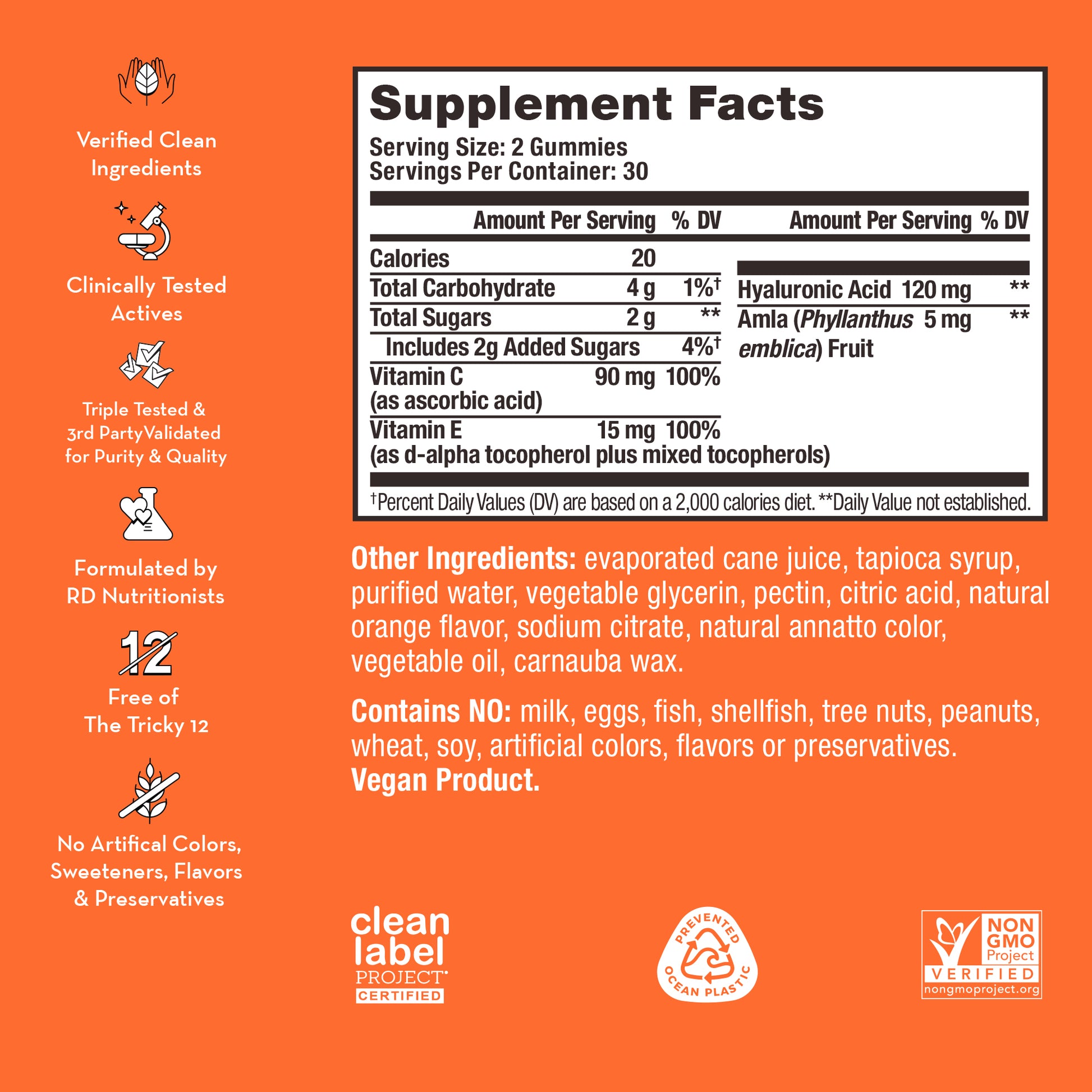 product description and supplement facts label on a bottle of HUM NUTRITION Hyaluronic Glow gummies