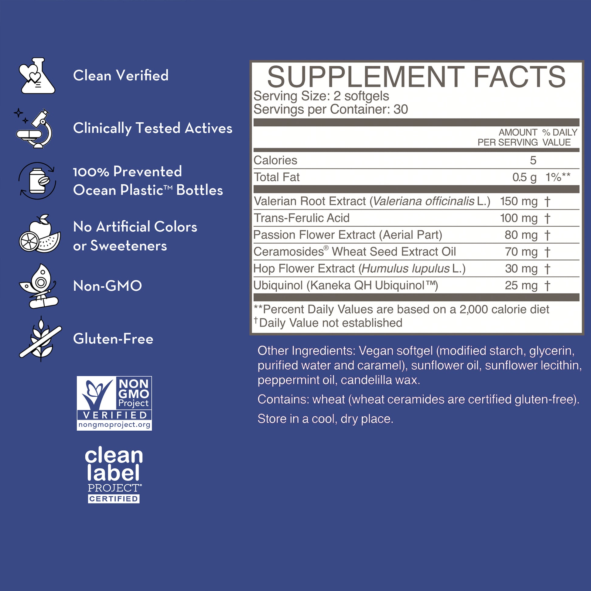 product description and supplement facts label on a bottle of HUM NUTRITION Mighty Night softgels