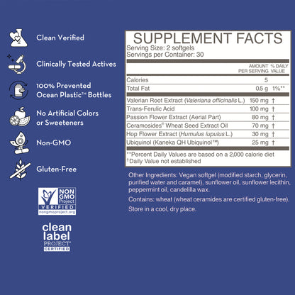 product description and supplement facts label on a bottle of HUM NUTRITION Mighty Night softgels